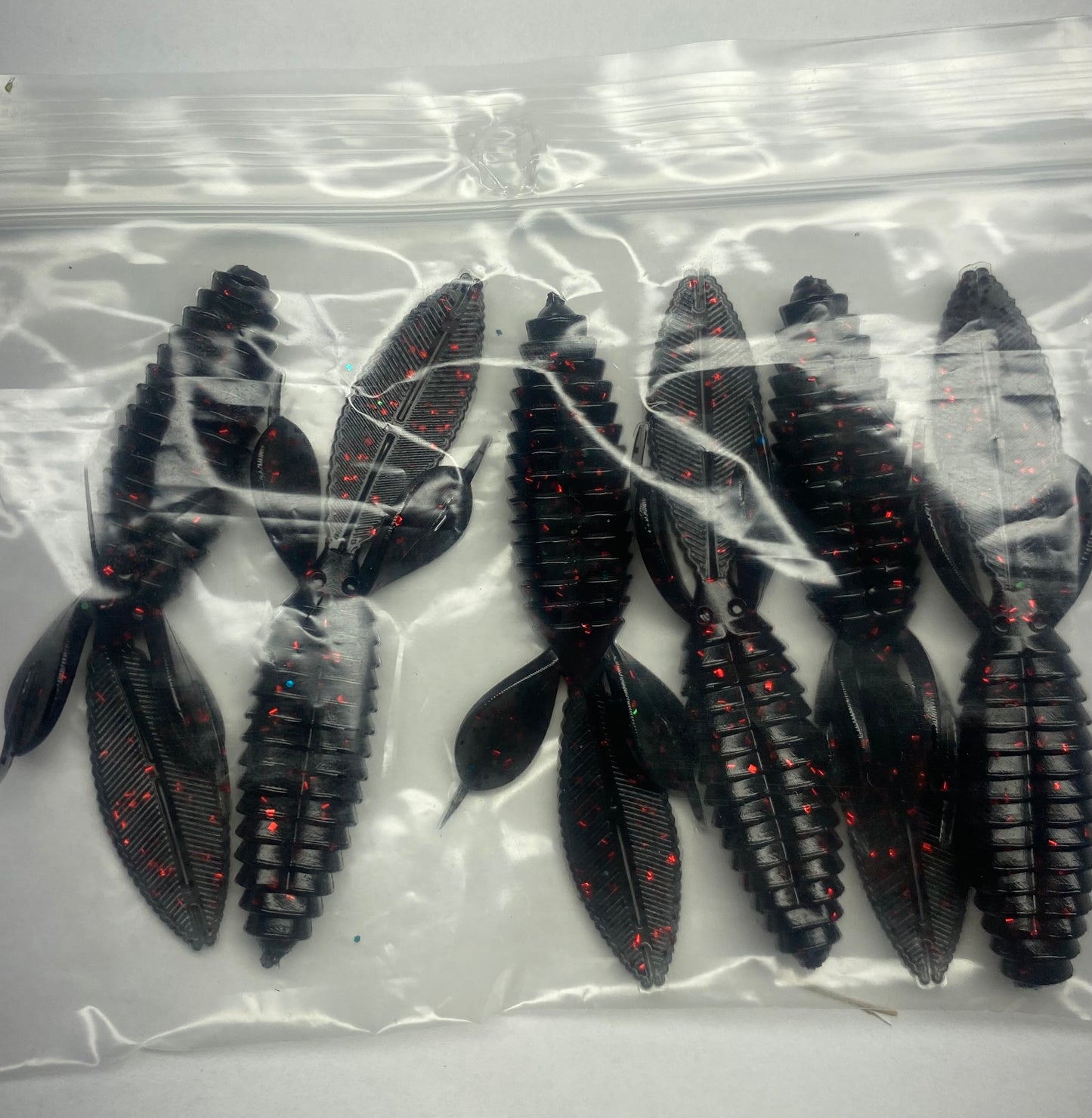 6 pack of Black And Red Timber Craws